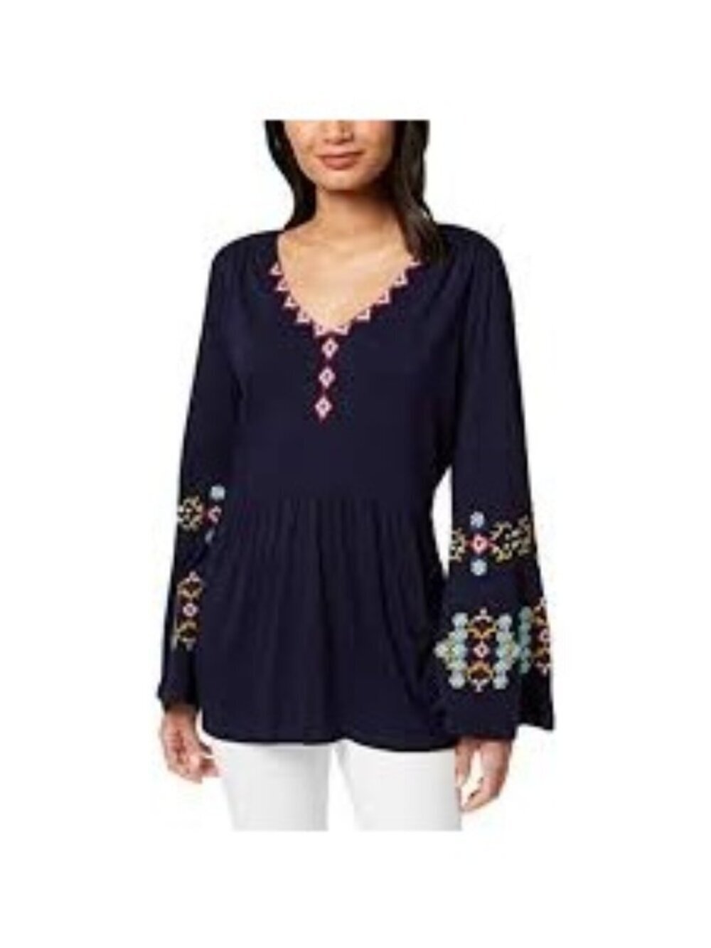 NY Collection Navy Blue Aztec Tribal V Neck Bell Sleeve Flowy Peplum Top Women L